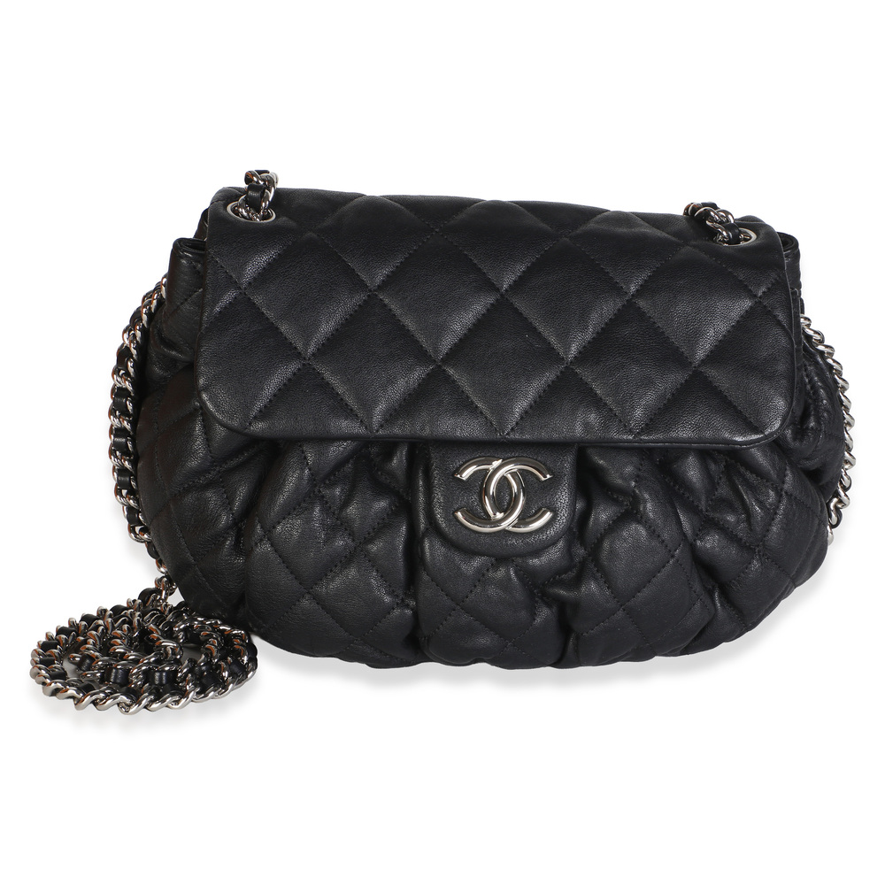 Chanel Black Washed Quilted Lambskin Medium Chain Around Flap Bag